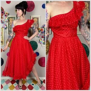 Vintage 1970s Red Polka Dot Ruffled One Shoulder Tulle Dress